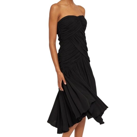 Joie Vivienne Black Strapless Ruched Midi Dress Size 4 Asymmetric Hem 4 - Picture 4 of 9